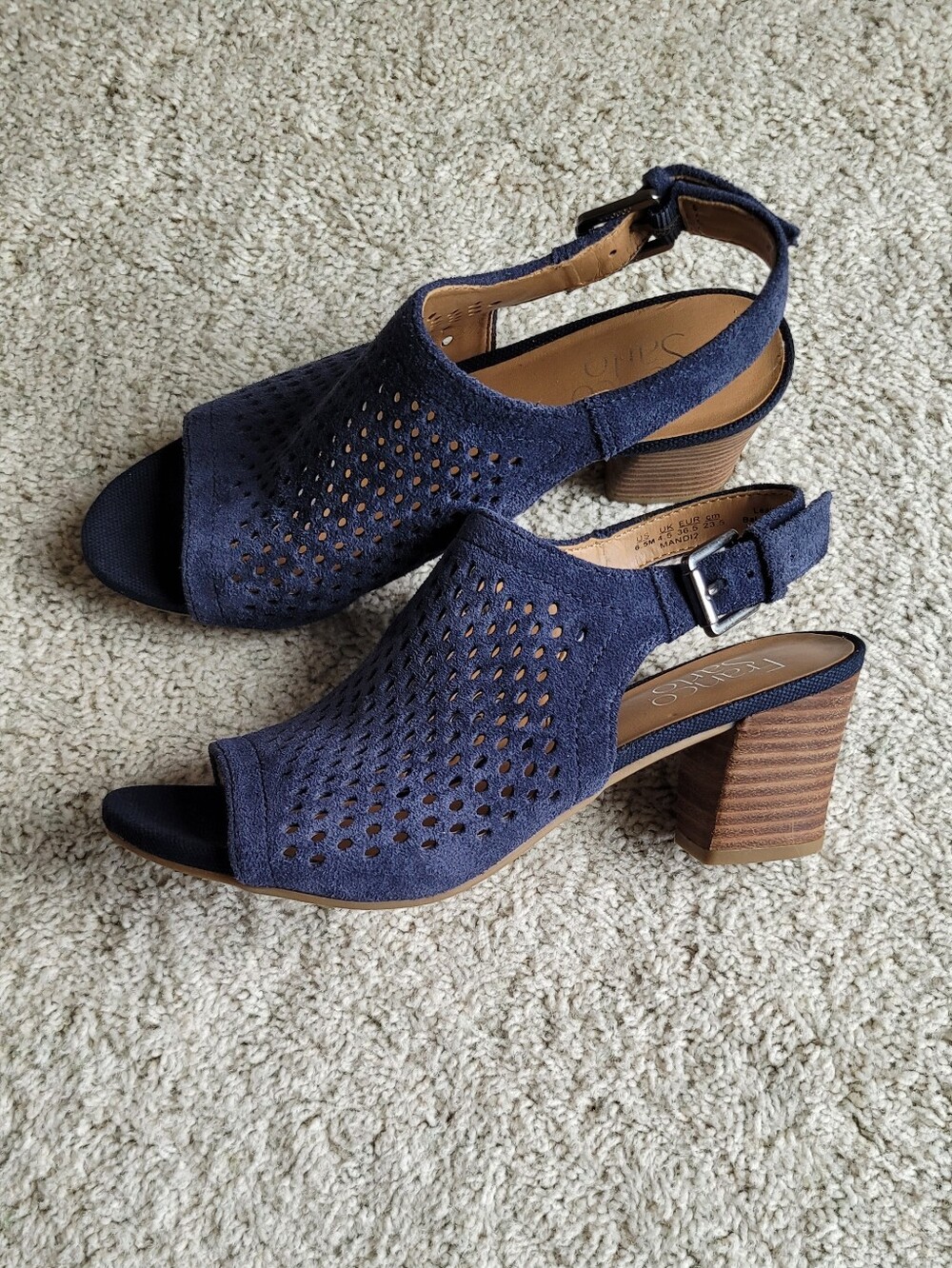 Franco Sarto Perforated Suede Navy 2 1/2" Stacked Heels Great Condition. - Picture 5 of 5